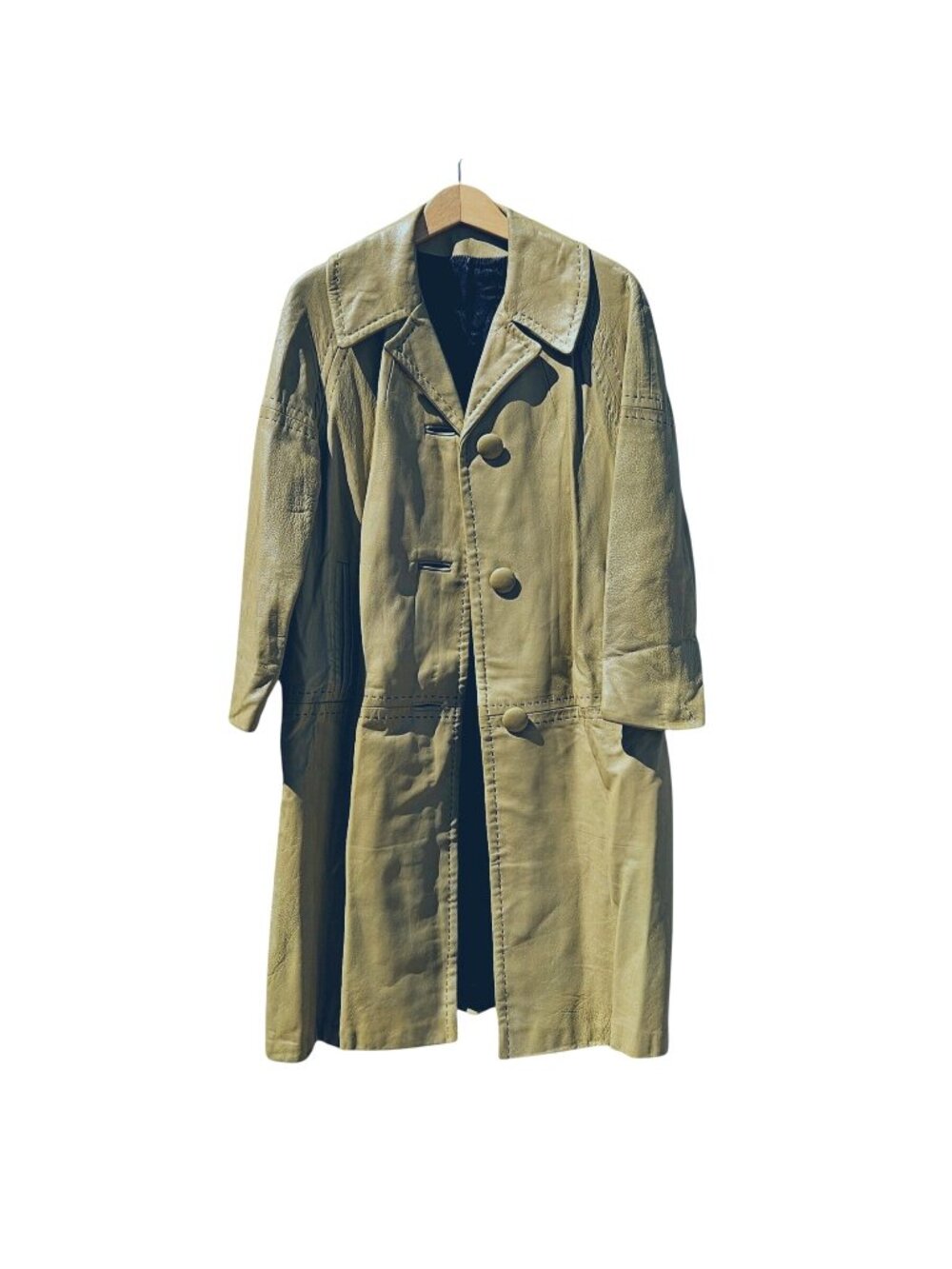 70s Light Yellow Green Leather Trench Coat Black Satin Lined Bespoke Women's M/L